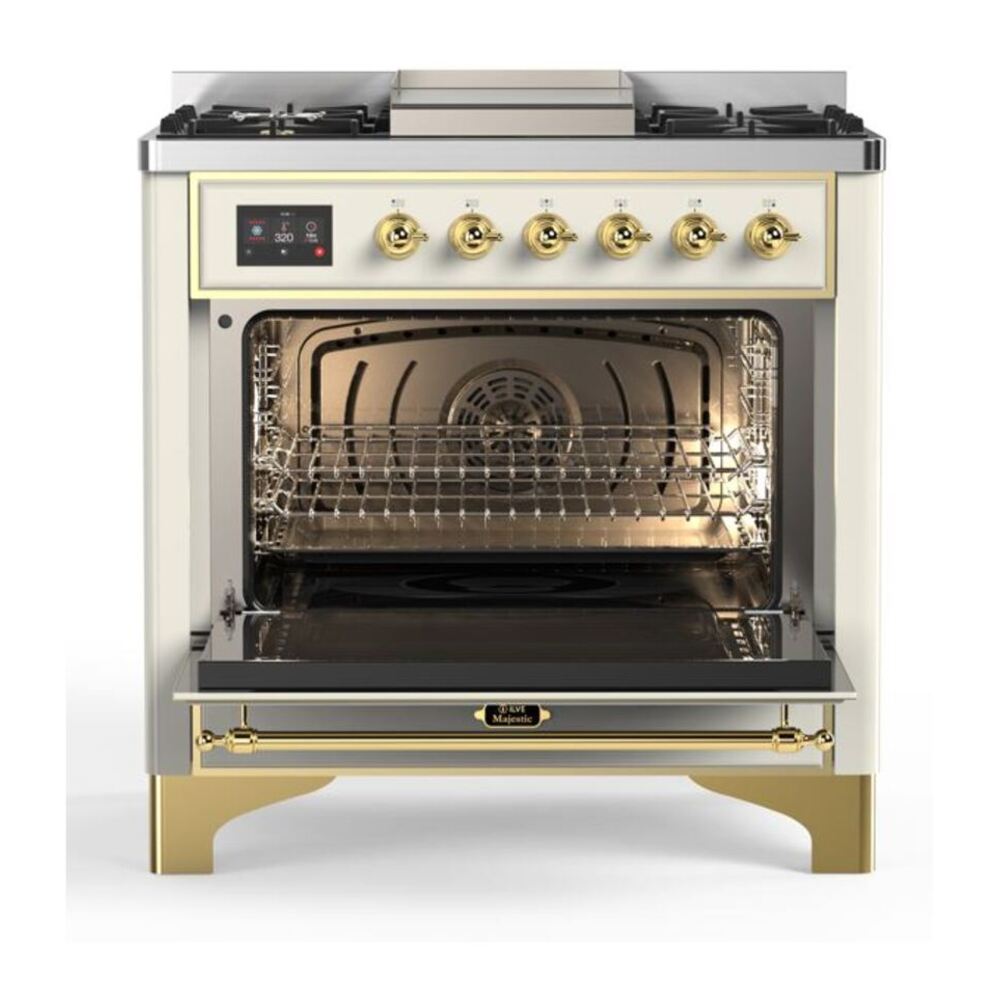 ILVE Majestic II 36 inch Solid Door Natural Gas Dual Fuel Range Brass Antique White