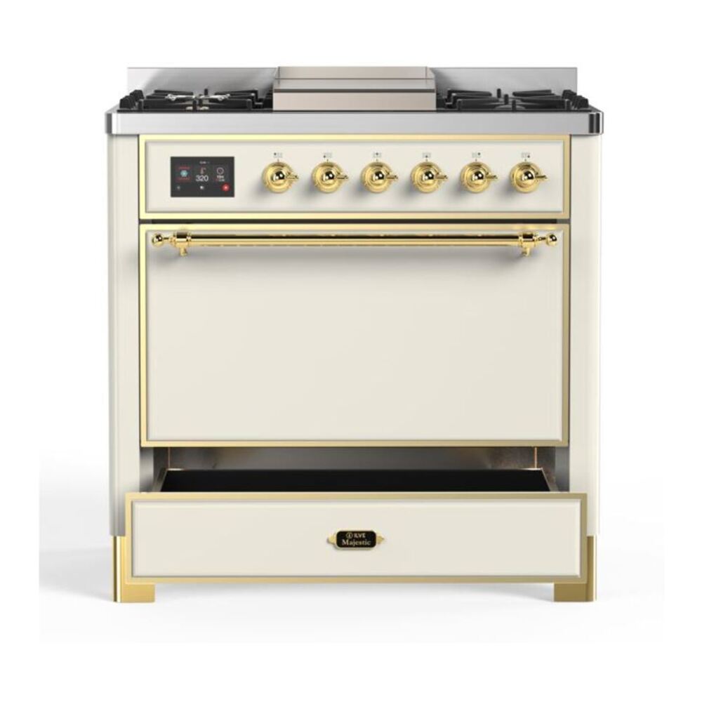 ILVE Majestic II 36 inch Solid Door Natural Gas Dual Fuel Range Brass Antique White