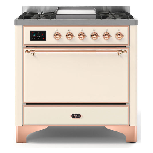 ILVE Majestic II 36" Antique White Dual Fuel Range with 6 Burners and Griddle Solid Door Natural Gas
