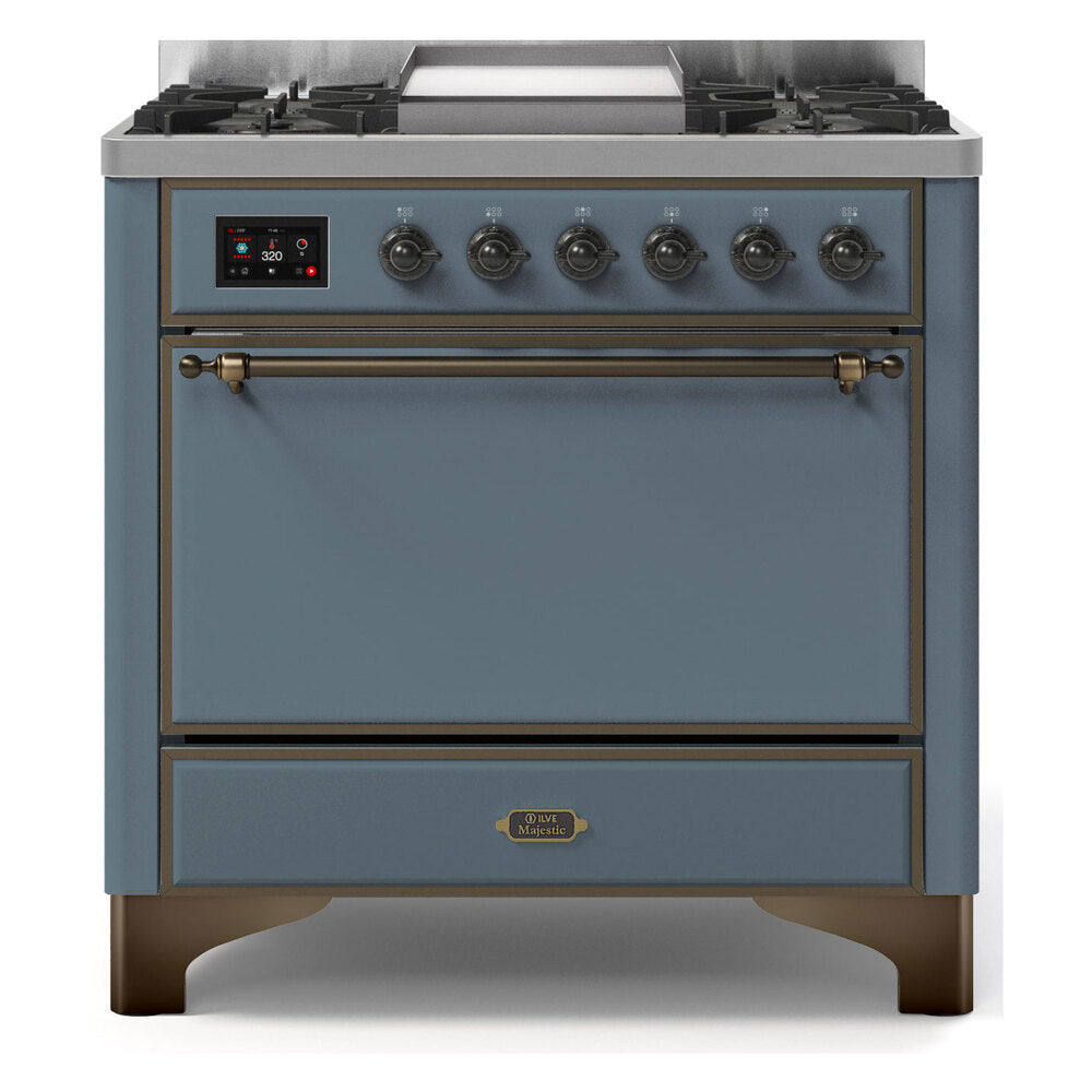 ILVE Majestic II 36" Blue Grey Dual Fuel Range with 6 Burners and Griddle Solid Door Liquid Propane