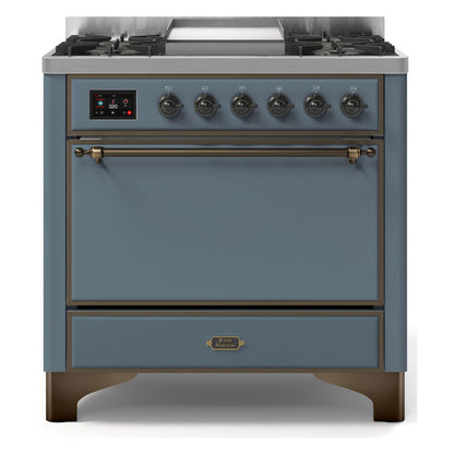 ILVE Majestic II 36" Blue Grey Dual Fuel Range with 6 Burners and Griddle Solid Door Liquid Propane