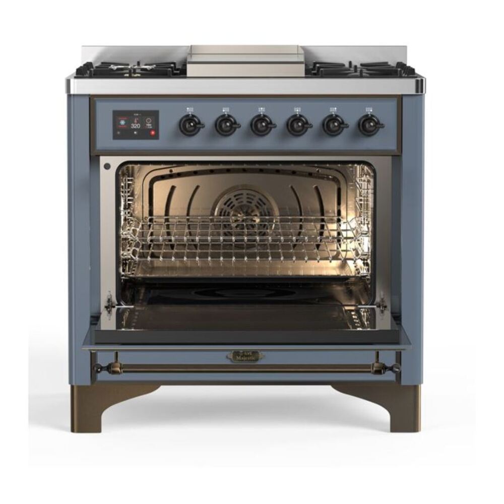 ILVE Majestic II 36" Blue Grey Dual Fuel Range with 6 Burners and Griddle Solid Door Liquid Propane