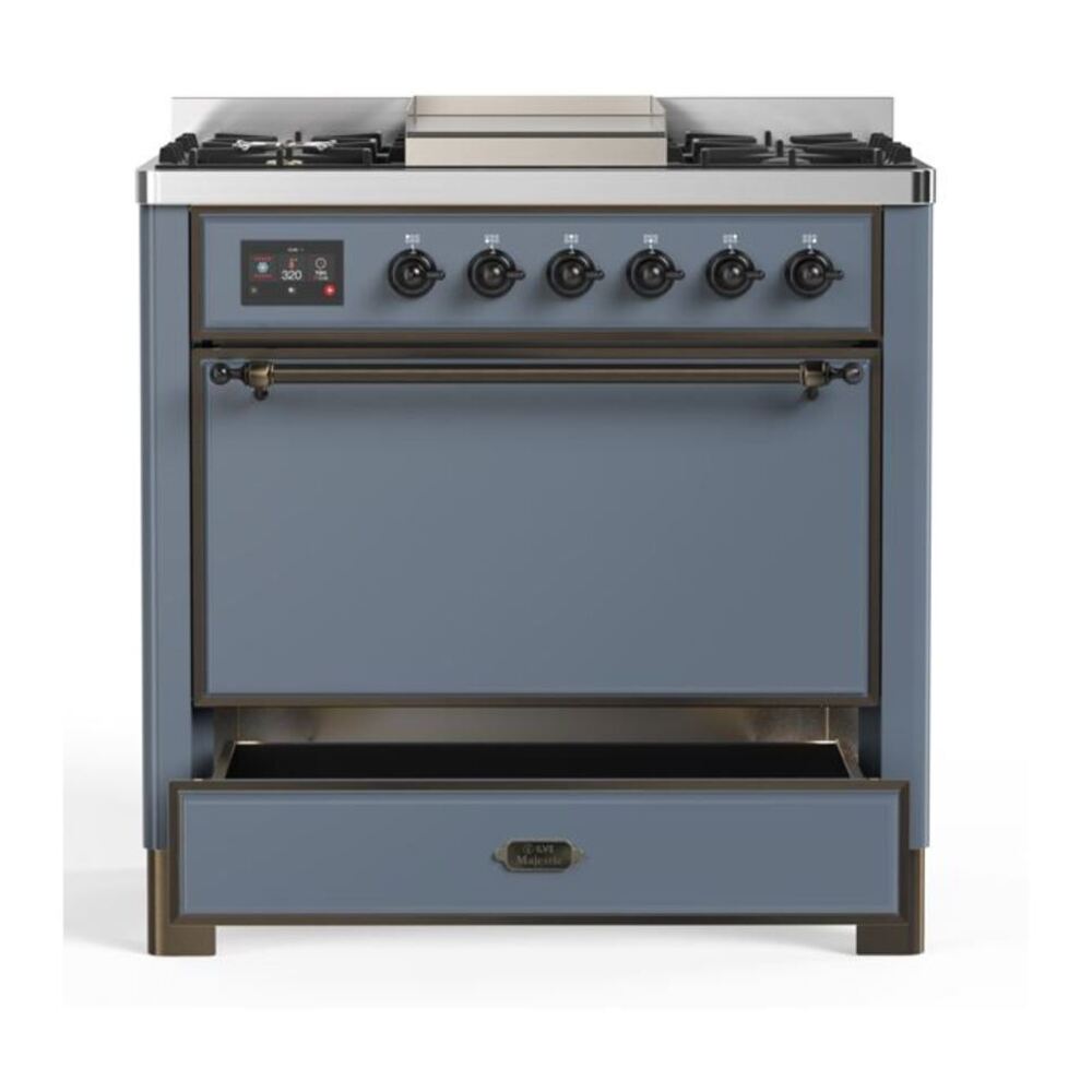 ILVE Majestic II 36" Blue Grey Dual Fuel Range with 6 Burners and Griddle Solid Door Liquid Propane