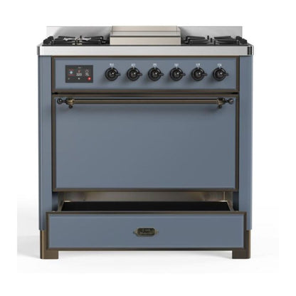 ILVE Majestic II 36" Blue Grey Dual Fuel Range with 6 Burners and Griddle Solid Door Liquid Propane