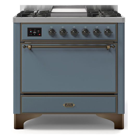 ILVE Majestic II 36" Blue Grey Dual Fuel Range with 6 Burners and Griddle Solid Door Natural Gas