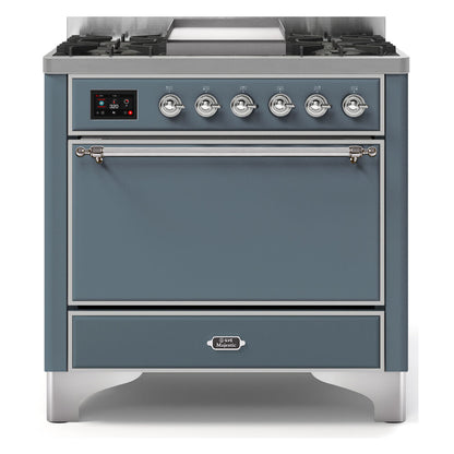 ILVE Majestic II 36" Blue Grey Dual Fuel Range with 6 Burners and Griddle Solid Door Liquid Propane