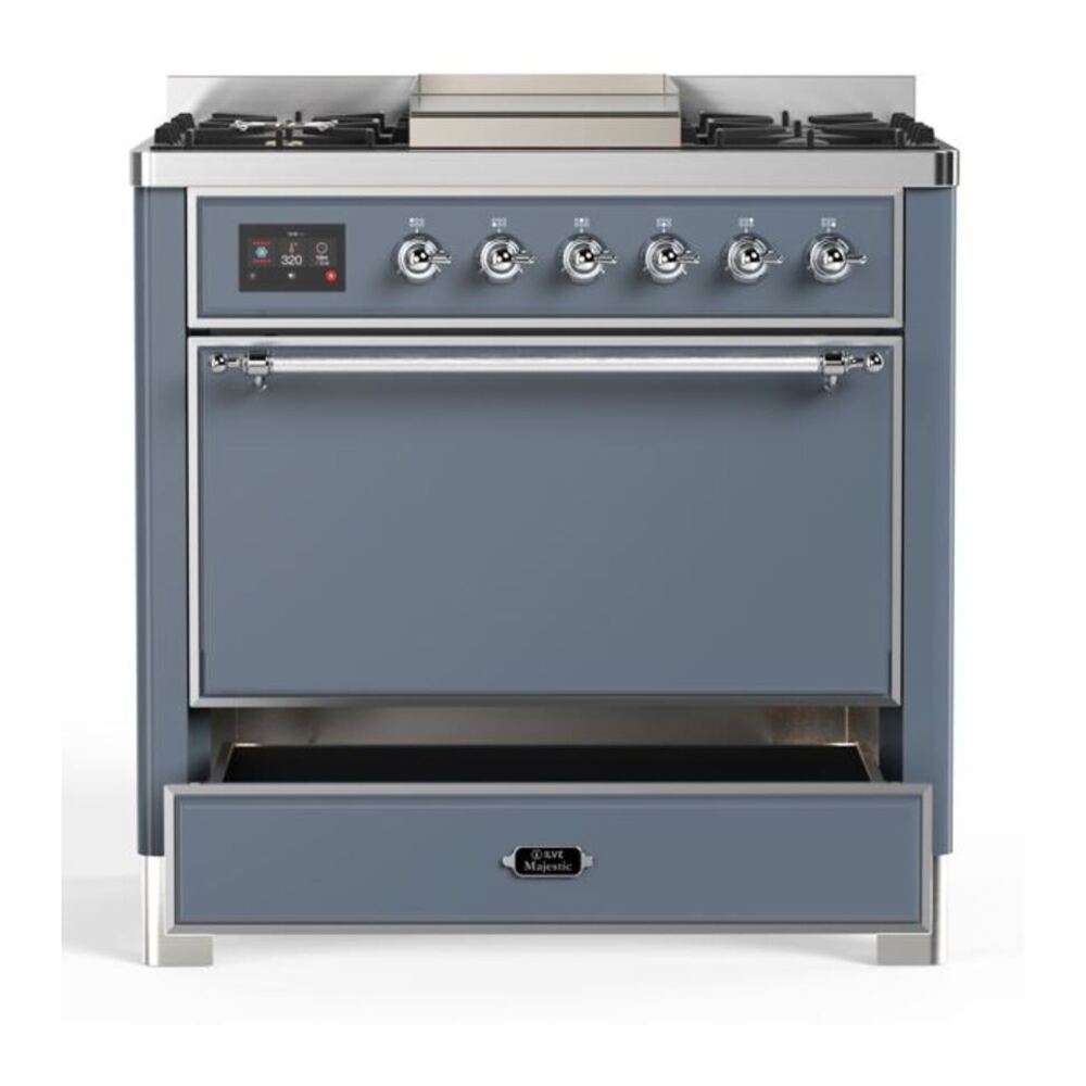 ILVE Majestic II 36 inch Solid Door Natural Gas Dual Fuel Range Chrome Blue Grey