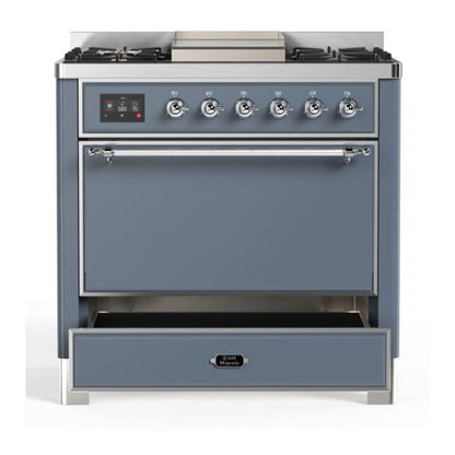 ILVE Majestic II 36 inch Solid Door Natural Gas Dual Fuel Range Chrome Blue Grey