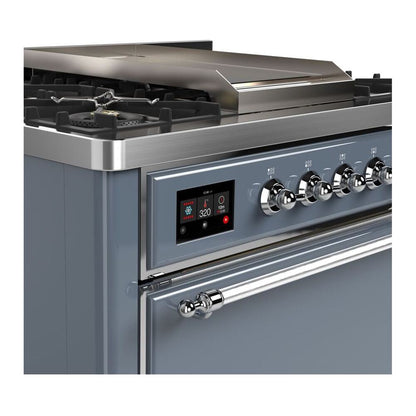 ILVE Majestic II 36 inch Solid Door Natural Gas Dual Fuel Range Chrome Blue Grey