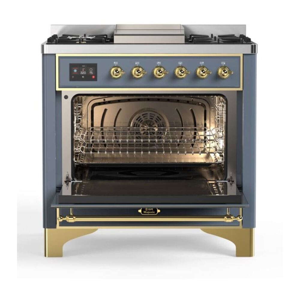 ILVE Majestic II 36 inch Solid Door Natural Gas Dual Fuel Range Brass Blue Grey