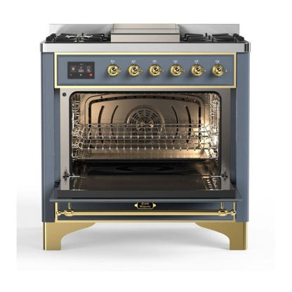 ILVE Majestic II 36 inch Solid Door Natural Gas Dual Fuel Range Brass Blue Grey
