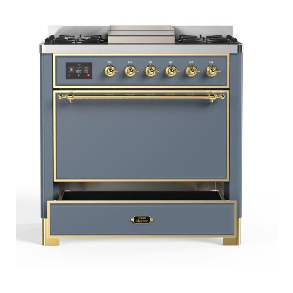 ILVE Majestic II 36 inch Solid Door Natural Gas Dual Fuel Range Brass Blue Grey