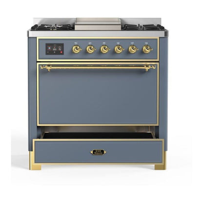 ILVE Majestic II 36 inch Solid Door Natural Gas Dual Fuel Range Brass Blue Grey