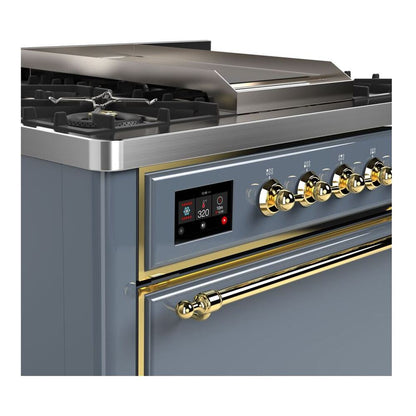 ILVE Majestic II 36 inch Solid Door Natural Gas Dual Fuel Range Brass Blue Grey