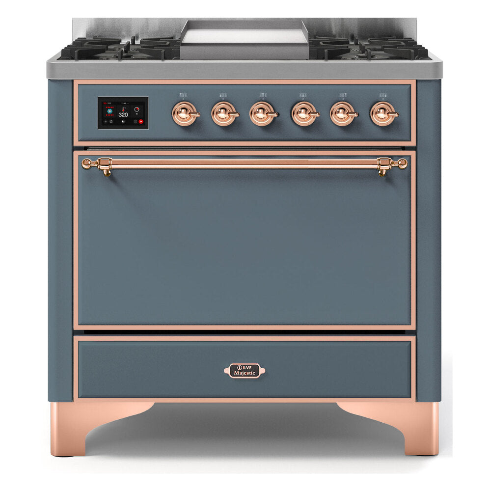 ILVE Majestic II 36" Blue Grey Dual Fuel Range with 6 Burners and Griddle Solid Door Liquid Propane
