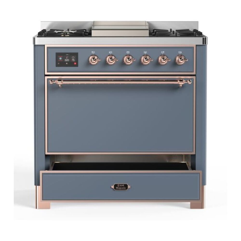 ILVE Majestic II 36 inch Solid Door Natural Gas Dual Fuel Range Copper Blue Grey