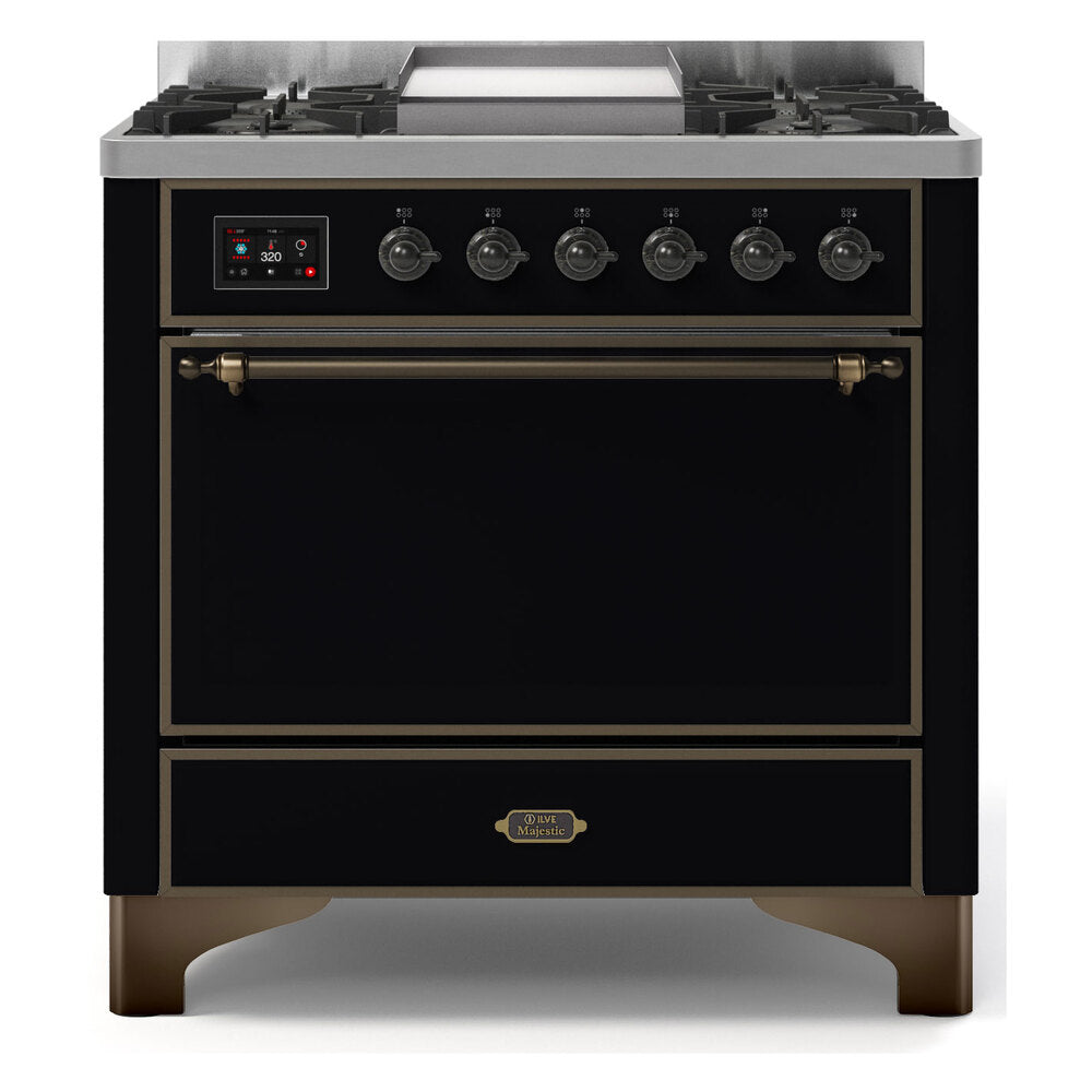 ILVE Majestic II 36" Glossy Black Dual Fuel Range with 6 Burners and Griddle Solid Door Liquid Propane