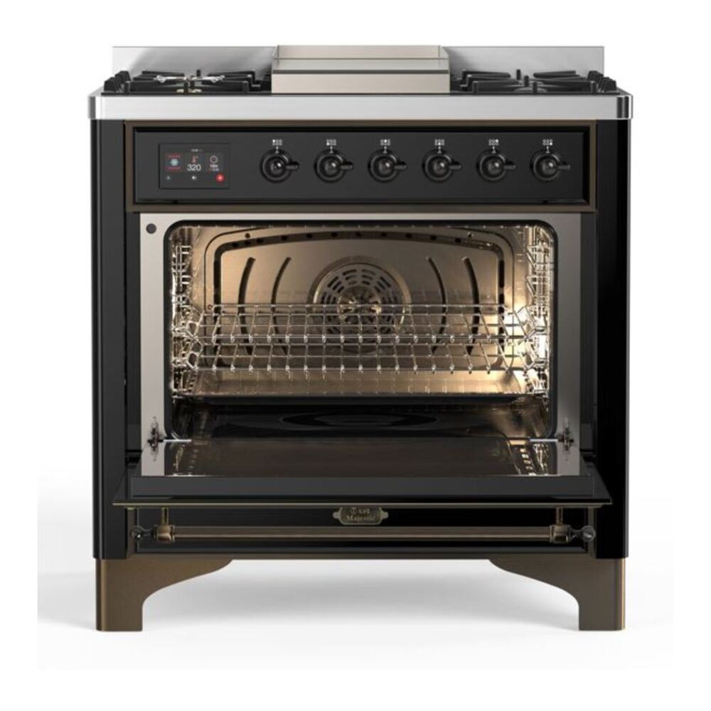 ILVE Majestic II 36" Glossy Black Dual Fuel Range with 6 Burners and Griddle Solid Door Liquid Propane