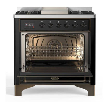 ILVE Majestic II 36" Glossy Black Dual Fuel Range with 6 Burners and Griddle Solid Door Liquid Propane