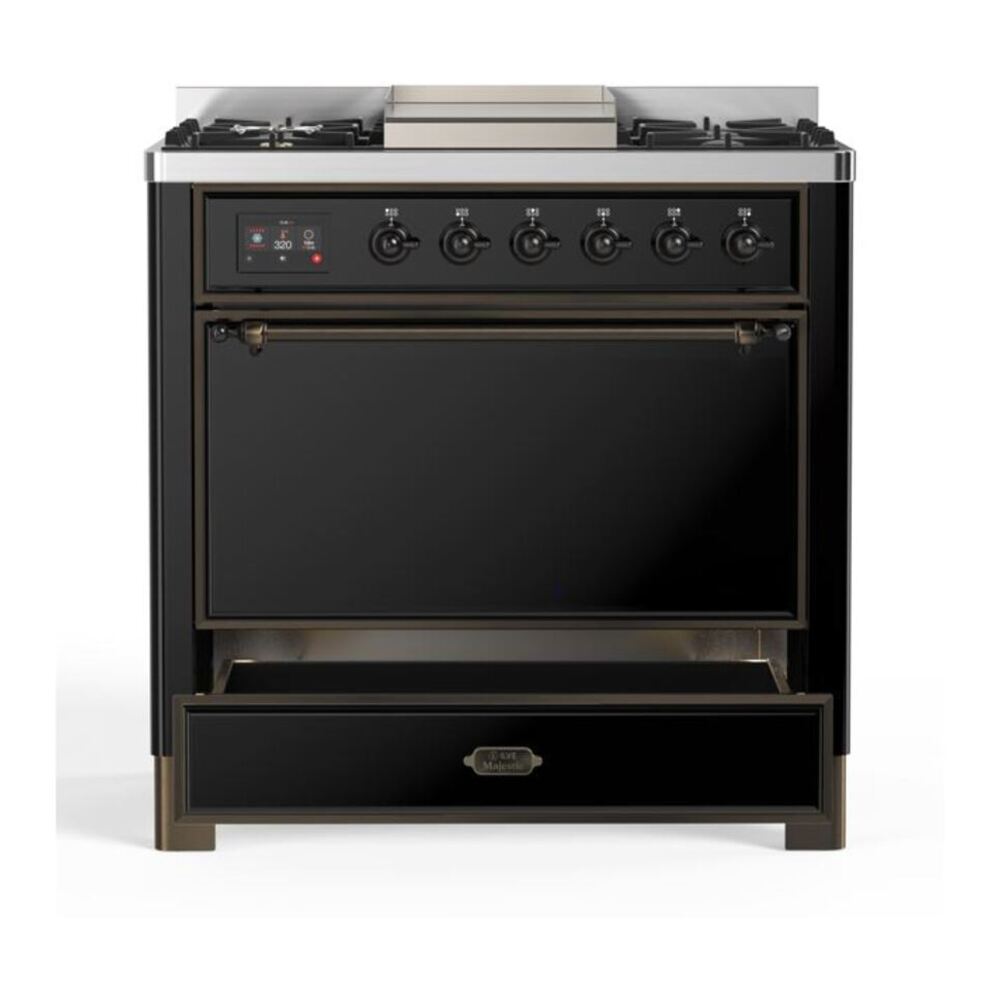 ILVE Majestic II 36" Glossy Black Dual Fuel Range with 6 Burners and Griddle Solid Door Liquid Propane