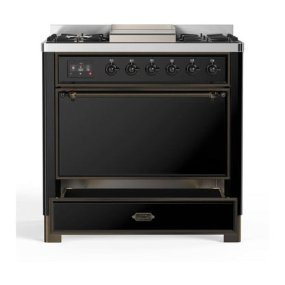 ILVE Majestic II 36" Glossy Black Dual Fuel Range with 6 Burners and Griddle Solid Door Liquid Propane