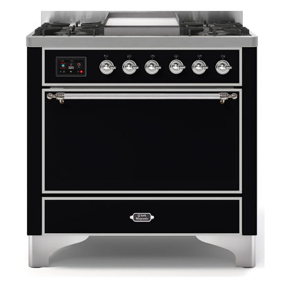 ILVE Majestic II 36" Glossy Black Dual Fuel Range with 6 Burners and Griddle Solid Door Liquid Propane