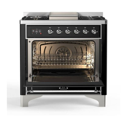 ILVE Majestic II 36 Inch Solid Door Dual Fuel Range Chrome Glossy Black Natural Gas