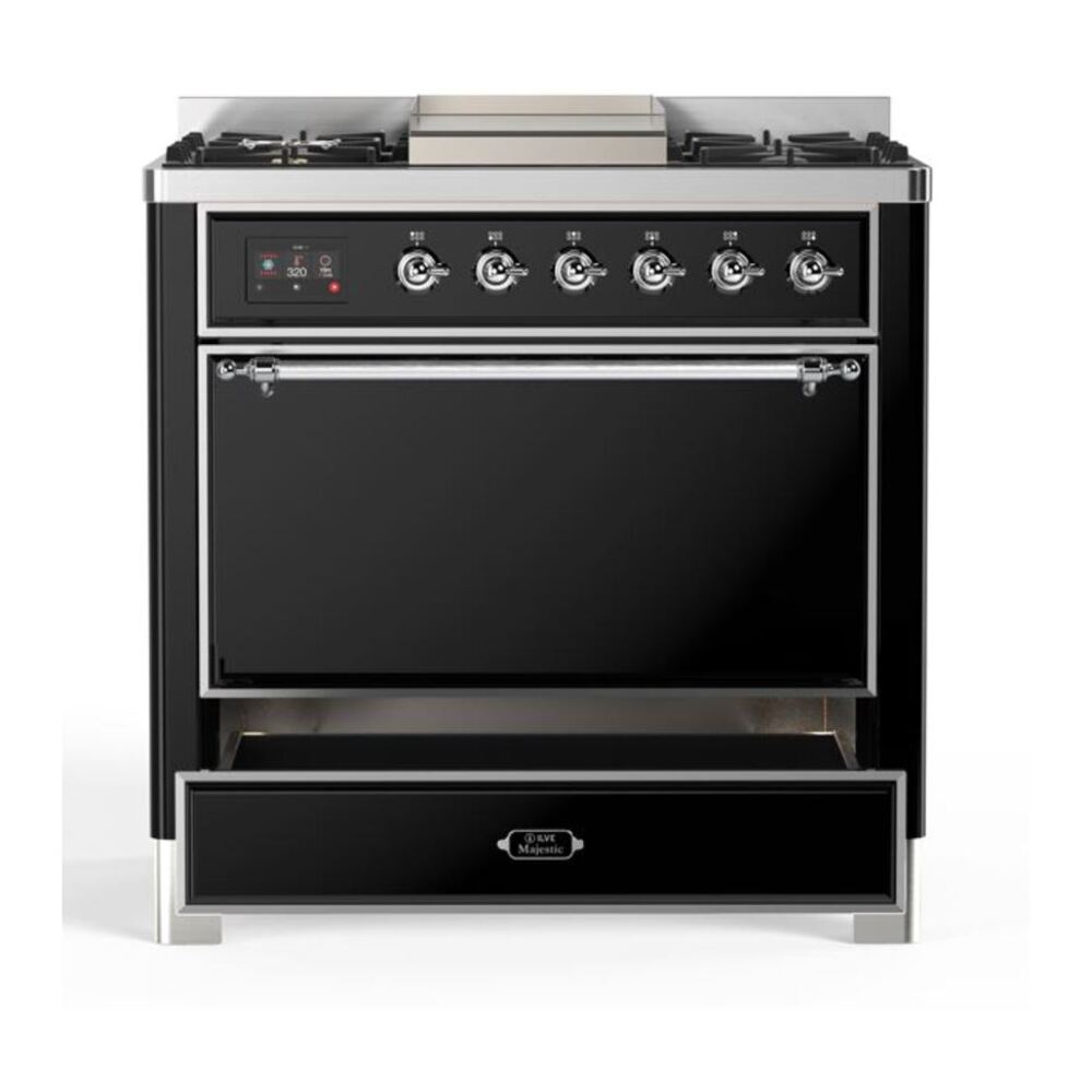 ILVE Majestic II 36 Inch Solid Door Dual Fuel Range Chrome Glossy Black Natural Gas