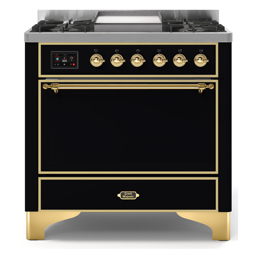 ILVE Majestic II 36" Glossy Black Dual Fuel Range with 6 Burners and Griddle Solid Door Liquid Propane