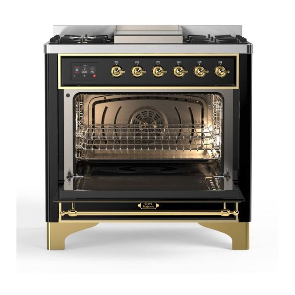 ILVE Majestic II 36 Inch Solid Door Dual Fuel Range Brass Glossy Black Natural Gas