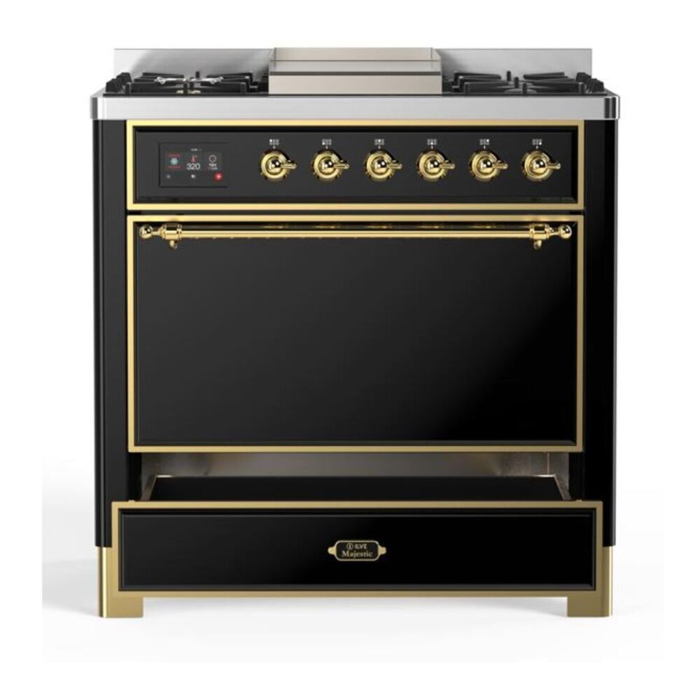 ILVE Majestic II 36 Inch Solid Door Dual Fuel Range Brass Glossy Black Natural Gas