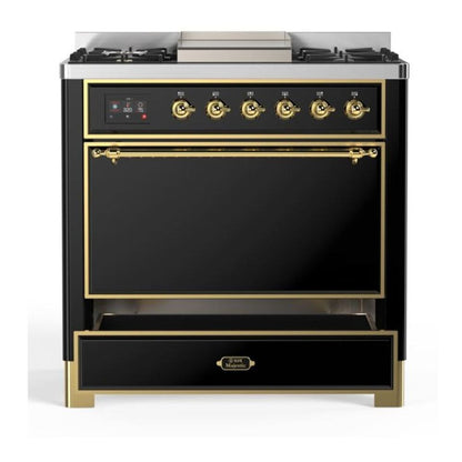 ILVE Majestic II 36 Inch Solid Door Dual Fuel Range Brass Glossy Black Natural Gas