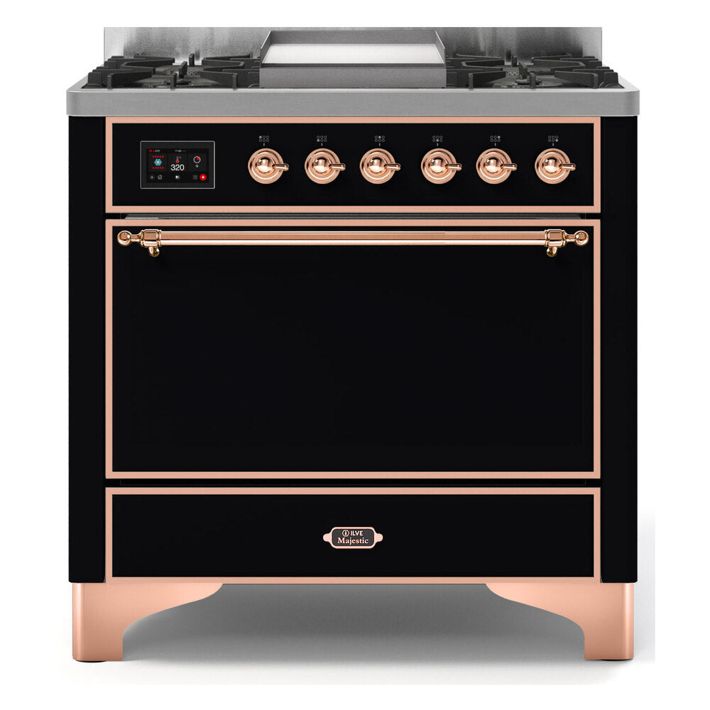 ILVE Majestic II 36" Glossy Black Dual Fuel Range with 6 Burners and Griddle Solid Door Liquid Propane