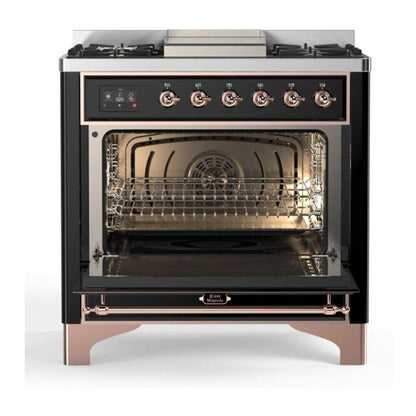 ILVE Majestic II 36 Inch Solid Door Dual Fuel Range Copper Trim Glossy Black