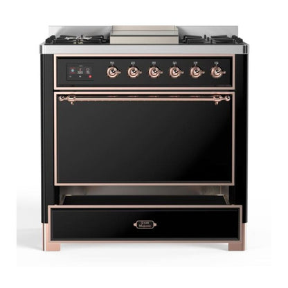 ILVE Majestic II 36 Inch Solid Door Dual Fuel Range Copper Trim Glossy Black