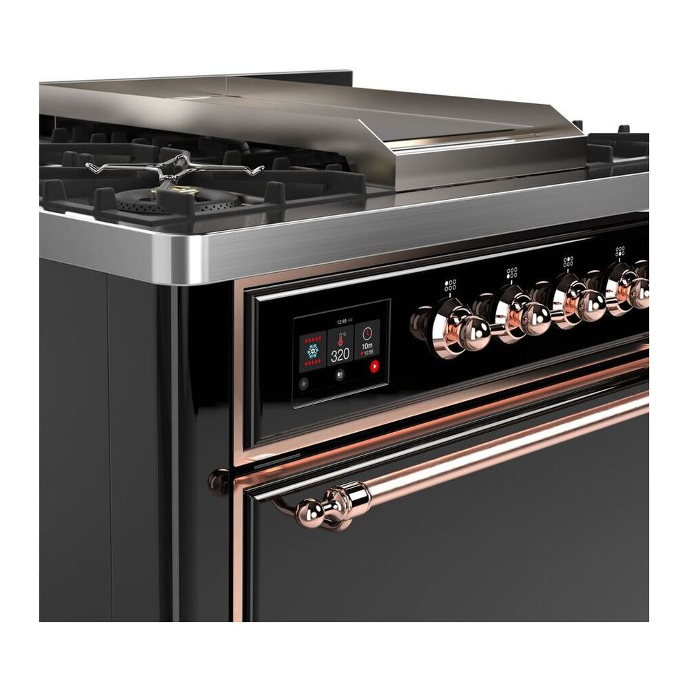 ILVE Majestic II 36 Inch Solid Door Dual Fuel Range Copper Trim Glossy Black
