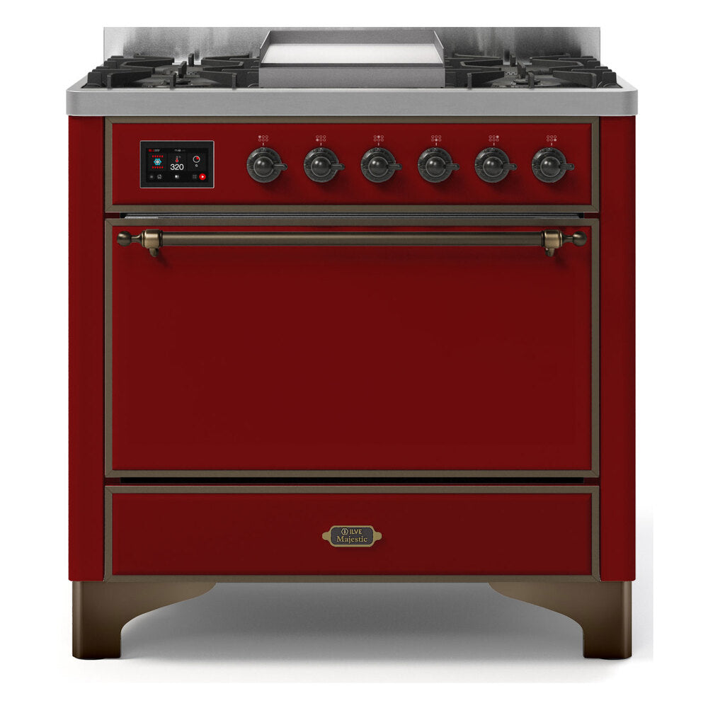ILVE Majestic II 36 Inch Solid Door Dual Fuel Range Burnished Trim Burgundy