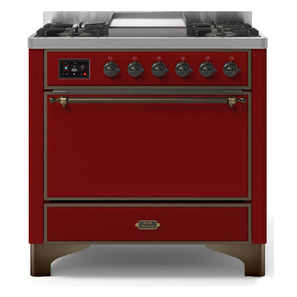 ILVE Majestic II 36 Inch Solid Door Dual Fuel Range Burnished Trim Burgundy