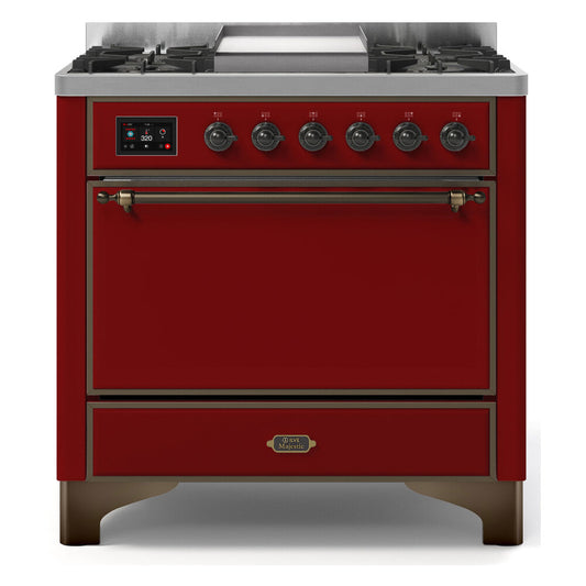 ILVE Majestic II 36" Burgundy Dual Fuel Range with 6 Burners and Griddle Solid Door Natural Gas