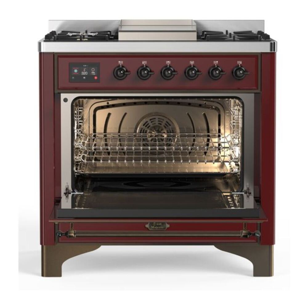 ILVE Majestic II 36 Inch Solid Door Dual Fuel Range Burnished Trim Burgundy