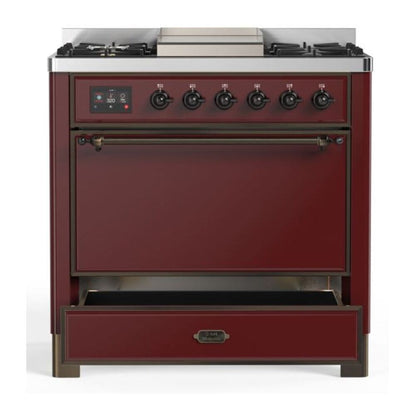 ILVE Majestic II 36 Inch Solid Door Dual Fuel Range Burnished Trim Burgundy