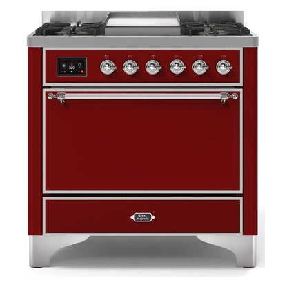 ILVE Majestic II 36 Inch Solid Door Dual Fuel Range Chrome Trim Burgundy