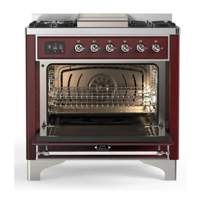 ILVE Majestic II 36 Inch Solid Door Dual Fuel Range Chrome Trim Burgundy