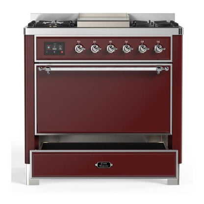ILVE Majestic II 36 Inch Solid Door Dual Fuel Range Chrome Trim Burgundy