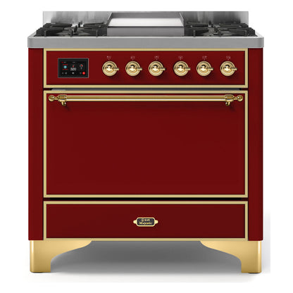 ILVE Majestic II 36 inch Solid Door Natural Gas Dual Fuel Range Brass Burgundy