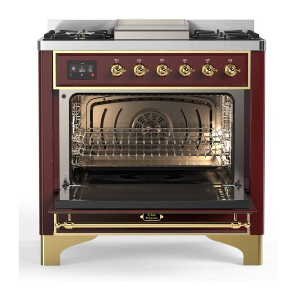 ILVE Majestic II 36 inch Solid Door Natural Gas Dual Fuel Range Brass Burgundy