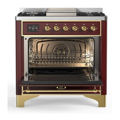 ILVE Majestic II 36 inch Solid Door Natural Gas Dual Fuel Range Brass Burgundy