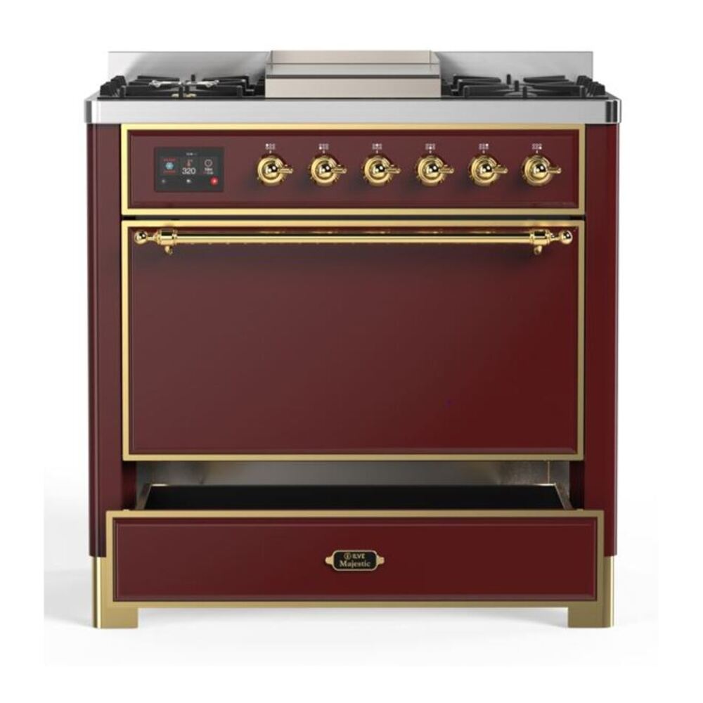 ILVE Majestic II 36 inch Solid Door Natural Gas Dual Fuel Range Brass Burgundy