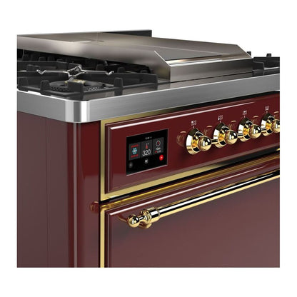 ILVE Majestic II 36 inch Solid Door Natural Gas Dual Fuel Range Brass Burgundy