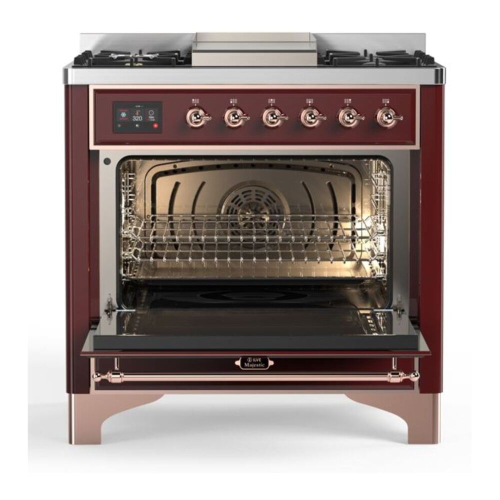 ILVE Majestic II 36 inch Solid Door Natural Gas Dual Fuel Range Copper Burgundy
